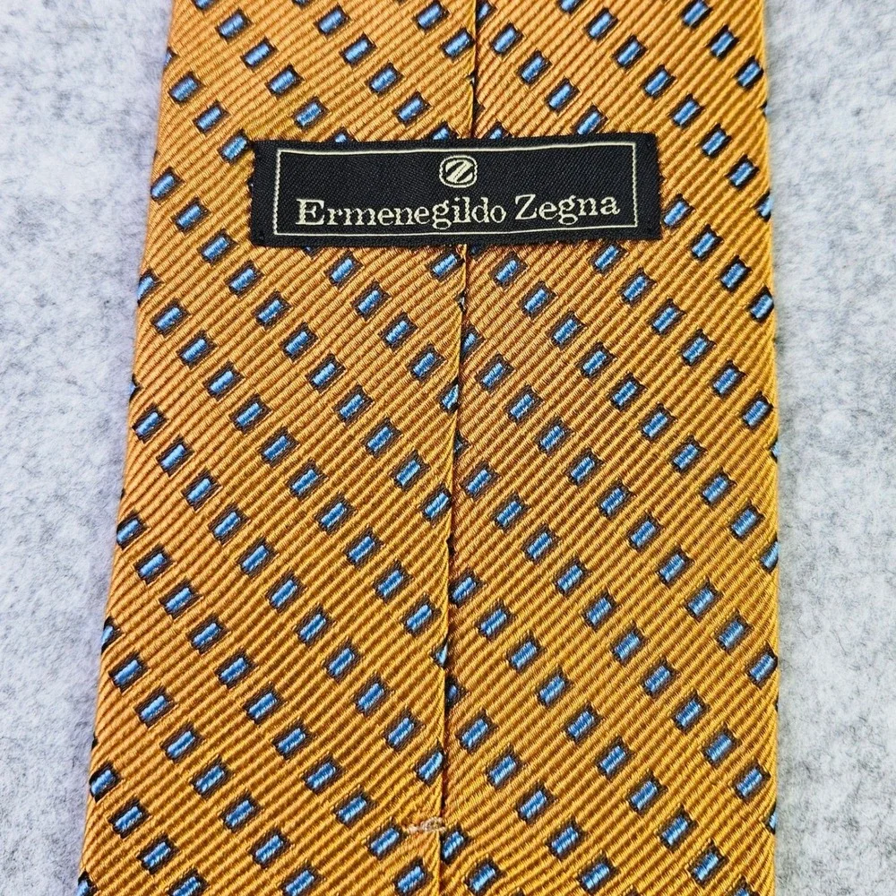Ermenegildo Zegna Mens Silk‎ Tie Orange Blue Geometric Square Pattern Made Italy